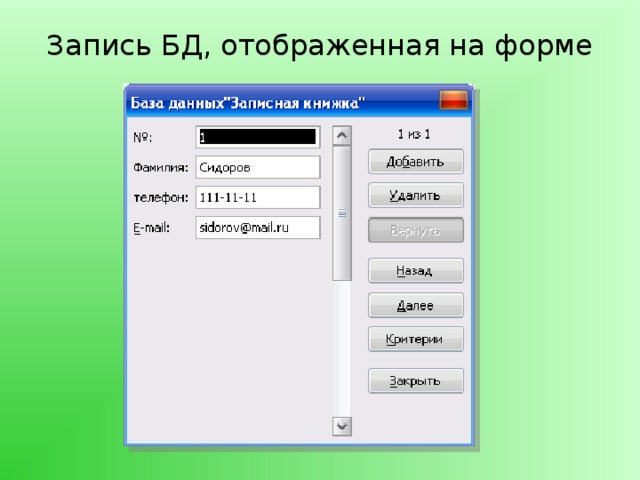 Запись БД, отображенная на форме 