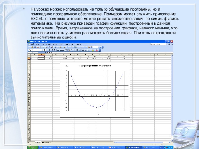 На уроках можно использовать не только обучающие программы, но и прикладное программное обеспечение. Примером может служить приложение EXCEL , с помощью которого можно решать множество задач по химии, физике, математике. На рисунке приведен график функции, построенный в данном приложении. Время, затраченное на построение графика, намного меньше, что дает возможность учителю рассмотреть больше задач. При этом сокращаются вычислительные ошибки. 