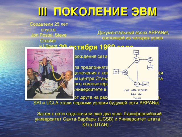 III ПОКОЛЕНИЕ ЭВМ Создатели 25 лет спустя:  Jon Postel, Steve Crocker и I Spent Документальный  эскиз ARPANet, состоящей из четырех узлов  29 октября 1969 года  День рождения сети ИНТЕРНЕТ.    В этот день была предпринята самая первая попытка дистанционного подключения к компьютеру, находившемуся в исследовательском центре Стэндфордского университета (SRI), с другого компьютера, который стоял в Калифорнийском университете в Лос-Анджелесе (UCLA).  Удаленные друг от друга на расстояние 500 километров, SRI и UCLA стали первыми узлами будущей сети ARPANet.    Затем к сети подключили еще два узла: Калифорнийский университет Санта-Барбары (UCSB) и Университет штата Юта (UTAH) . 