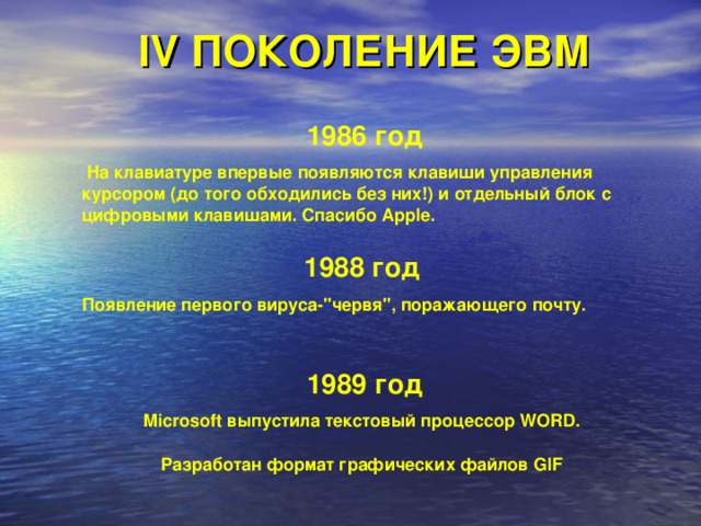 IV ПОКОЛЕНИЕ ЭВМ 1986 год  На клавиатуре впервые появляются клавиши управления курсором (до того обходились без них!) и отдельный блок с цифровыми клавишами. Спасибо Apple.  1988 год  Появление первого вируса-