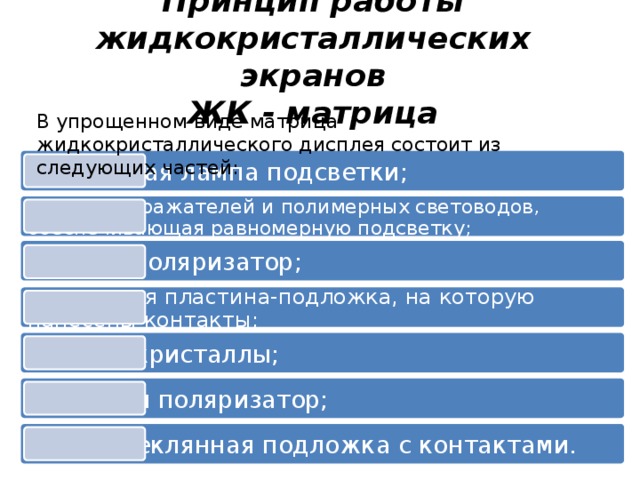Принцип работы жидкокристаллических экранов  ЖК - матрица В упрощенном виде матрица жидкокристаллического дисплея состоит из следующих частей: галогенная лампа подсветки; система отражателей и полимерных световодов, обеспечивающая равномерную подсветку; фильтр-поляризатор; стеклянная пластина-подложка, на которую нанесены контакты; жидкие кристаллы; ещё один поляризатор; снова стеклянная подложка с контактами. 