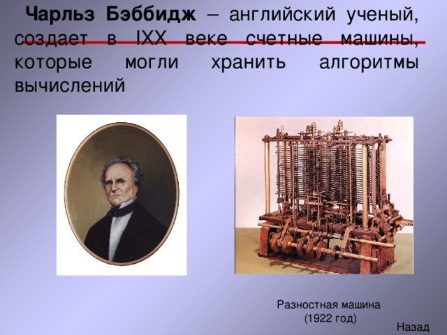  Чарльз Бэббидж – английский ученый, создает в IXX веке счетные машины, которые могли хранить алгоритмы вычислений 
