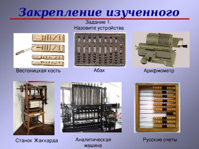 Закрепление изученного Вестоницкая кость Станок Жаккарда 