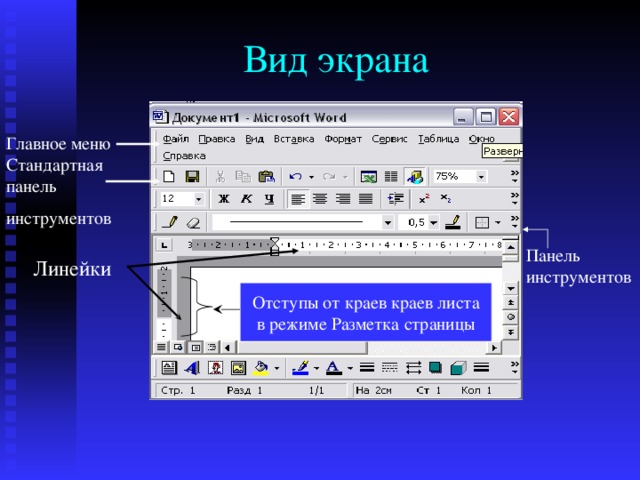 Главное меню Стандартная панель инструментов Панель инструментов Линейки Отступы от краев краев листа в режиме Разметка страницы 