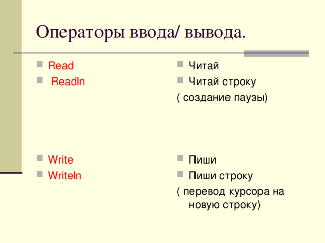 Операторы ввода/ вывода. Read  Readln Читай Читай строку ( создание паузы) Write Writeln Пиши Пиши строку ( перевод курсора на новую строку)  