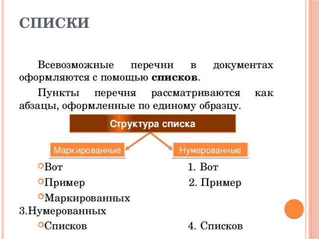 Списки   Всевозможные перечни в документах оформляются с помощью списков . Пункты перечня рассматриваются как абзацы, оформленные по единому образцу. Вот 1. Вот Пример 2. Пример Маркированных 3.Нумерованных Списков 4. Списков Структура списка Маркированные Нумерованные 