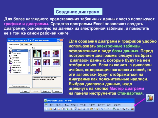Создание диаграмм Для более наглядного представления табличных данных часто используют  графики и диаграммы. Средства программы Excel позволяют создать  диаграмму, основанную на данных из электронной таблицы, и поместить  ее в той же самой рабочей книге. Для создания диаграмм и графиков удобно использовать электронные таблицы,   оформленные в виде базы данных . Перед  построением диаграммы следует выбрать  диапазон данных, которые будут на ней  отображаться. Если включить в диапазон  ячейки, содержащие заголовки полей, то  эти заголовки будут отображаться на  диаграмме как пояснительные надписи.  Выбрав диапазон данных, надо  щелкнуть на кнопке Мастер диаграмм  на панели инструментов Стандартная. 