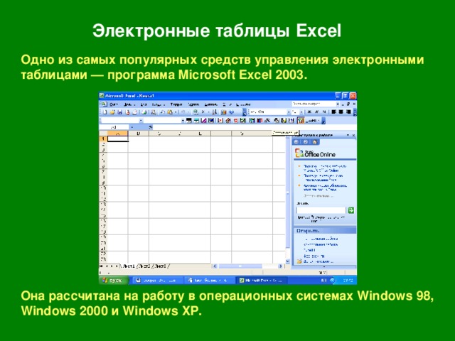 Образец формулы для электронной таблицы
