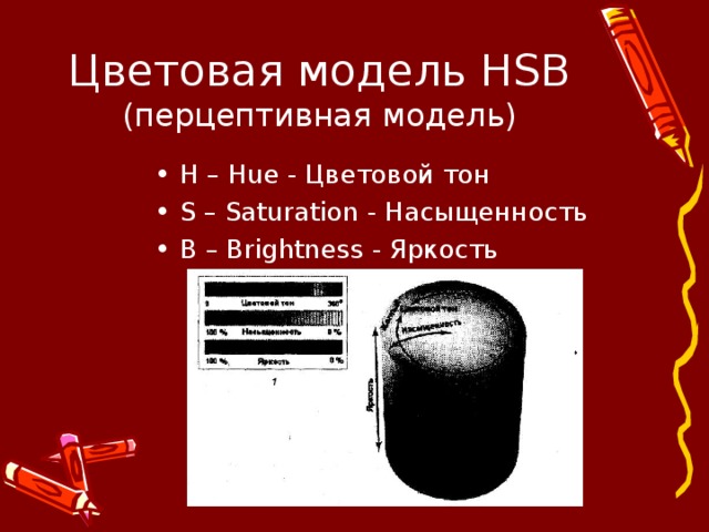 Цветовая модель HSB  (перцептивная модель) H – Hue - Цветовой тон S – Saturation - Насыщенность B – Brightness - Яркость 