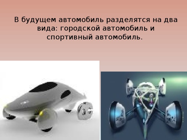 В будущем автомобиль разделятся на два вида: городской автомобиль и спортивный автомобиль. 