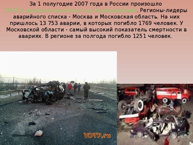 За 1 полугодие 2007 года в России произошло 98 614 дорожно-транспортных происшествий . Регионы-лидеры аварийного списка - Москва и Московская область. На них пришлось 13 753 аварии, в которых погибло 1769 человек. У Московской области - самый высокий показатель смертности в авариях. В регионе за полгода погибло 1251 человек. 