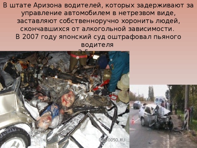 В штате Аризона водителей, которых задерживают за управление автомобилем в нетрезвом виде, заставляют собственноручно хоронить людей, скончавшихся от алкогольной зависимости.  В 2007 году японский суд оштрафовал пьяного водителя  на 2.5 млн. долл.    
