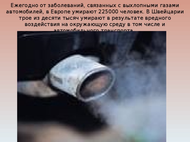 Ежегодно от заболеваний, связанных с выхлопными газами автомобилей, в Европе умирают 225000 человек. В Швейцарии трое из десяти тысяч умирают в результате вредного воздействия на окружающую среду в том числе и автомобильного транспорта. 