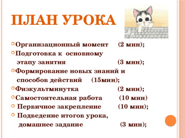 ПЛАН УРОКА Организационный момент (2 мин); Подготовка к основному  этапу занятия (3 мин); Формирование новых знаний и  способов действий   (15мин); Физкультминутка (2 мин); Самостоятельная работа (10 мин)  Первичное закрепление (10 мин);  Подведение итогов урока,  домашнее задание (3 мин);  