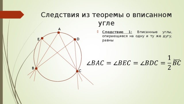 Следствия из теоремы о вписанном угле A Следствие 1: Вписанные углы, опирающиеся на одну и ту же дугу, равны D E B C 