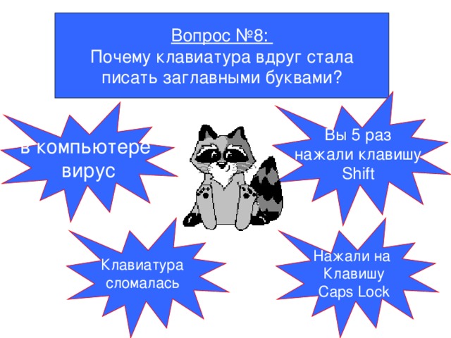 Вопрос №8: Почему клавиатура вдруг стала писать заглавными буквами? Вы 5 раз  нажали клавишу Shift в компьютере  вирус Клавиатура сломалась  Нажали на Клавишу Caps Lock 