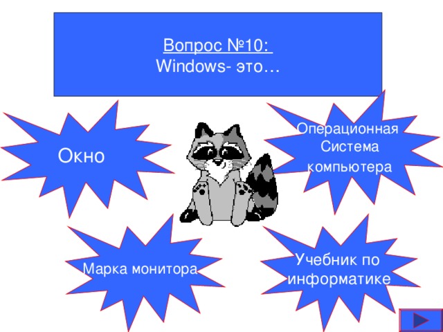 Вопрос №10: Windows - это… Операционная Система  компьютера  Окно Марка монитора  Учебник по  информатике 