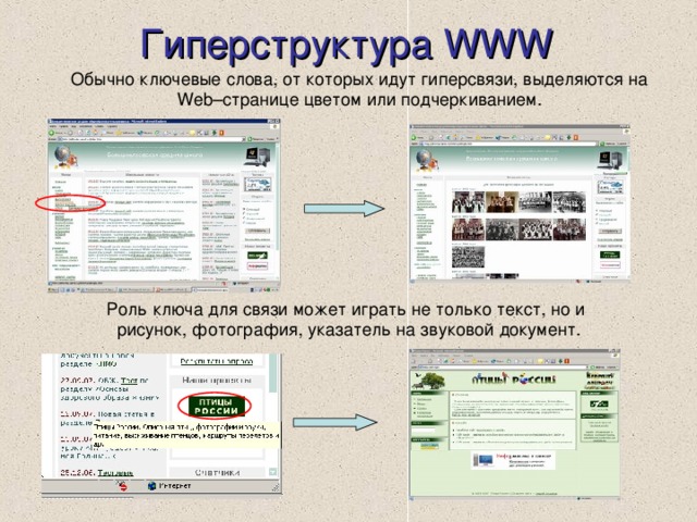 Гиперструктура WWW Обычно ключевые слова, от которых идут гиперсвязи, выделяются на Web –странице цветом или подчеркиванием. 
