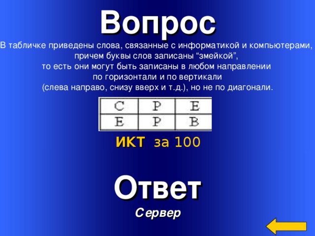 Вопрос В табличке приведены слова, связанные с информатикой и компьютерами, причем буквы слов записаны “змейкой”, то есть они могут быть записаны в любом направлении по горизонтали и по вертикали (слева направо, снизу вверх и т.д.), но не по диагонали. ИКТ  за 100 Ответ Сервер Welcome to Power Jeopardy   © Don Link, Indian Creek School, 2004 You can easily customize this template to create your own Jeopardy game. Simply follow the step-by-step instructions that appear on Slides 1-3. 3 