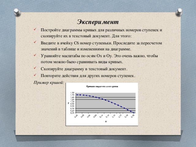 Эксперимент Постройте диаграммы кривых для различных номеров ступенек и скопируйте их в текстовый документ. Для этого: Введите в ячейку С6 номер ступеньки. Проследите за пересчетом значений в таблице и изменениями на диаграмме. Уравняйте масштабы по осям Ох и Оу. Это очень важно, чтобы потом можно было сравнивать виды кривых. Скопируйте диаграмму в текстовый документ. Повторите действия для других номеров ступенек. Пример кривой: 