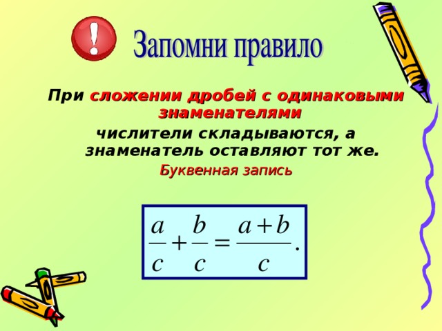 При сложении дробей с одинаковыми знаменателями  числители складываются, а знаменатель оставляют тот же. Буквенная запись  