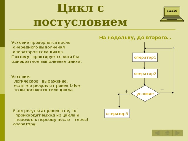 Определите цикл по обязательным условиям выполнения цикла