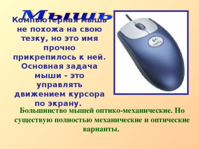 Компьютерная мышь не похожа на свою тезку, но это имя прочно прикрепилось к ней. Основная задача мыши - это управлять движением курсора по экрану. Большинство мышей оптико-механические. Но существую полностью механические и оптические варианты.  