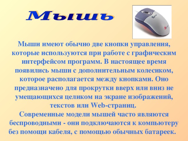 Мыши имеют обычно две кнопки управления, которые используются при работе с графическим интерфейсом программ. В настоящее время появились мыши с дополнительным колесиком, которое располагается между кнопками. Оно предназначено для прокрутки вверх или вниз не умещающихся целиком на экране изображений, текстов или Web-страниц. Современные модели мышей часто являются беспроводными - они подключаются к компьютеру без помощи кабеля, с помощью обычных батареек.  