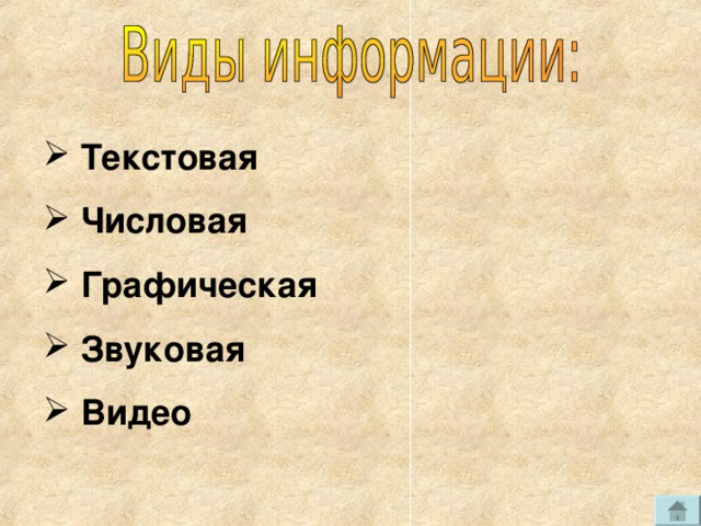  Текстовая  Числовая  Графическая  Звуковая  Видео 