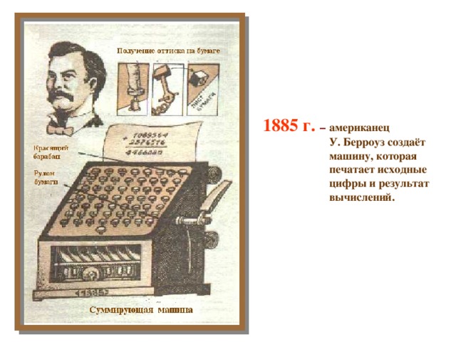     1885 г.  – американец  У. Берроуз создаёт  машину, которая  печатает исходные  цифры и результат  вычислений. 