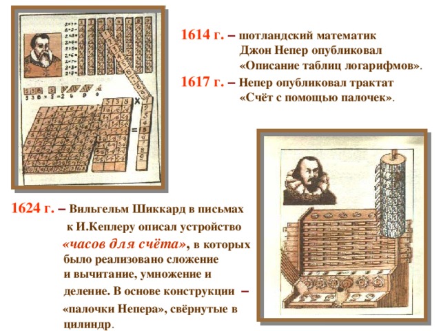 1614 г. – шотландский математик  Джон Непер опубликовал  «Описание таблиц логарифмов» . 1617 г. – Непер опубликовал трактат  «Счёт с помощью палочек» . 1624 г.  – Вильгельм Шиккард в письмах  к И.Кеплеру описал устройство   «часов для счёта» , в которых  было реализовано сложение  и вычитание, умножение и  деление. В основе конструкции –  «палочки Непера», свёрнутые в  цилиндр . 