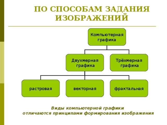 Зависимости от принципа формирования изображений различают 3 вида компьютерной графики