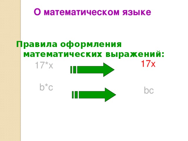 О математическом языке Правила оформления математических выражений:  17x 17*x b*с bс 