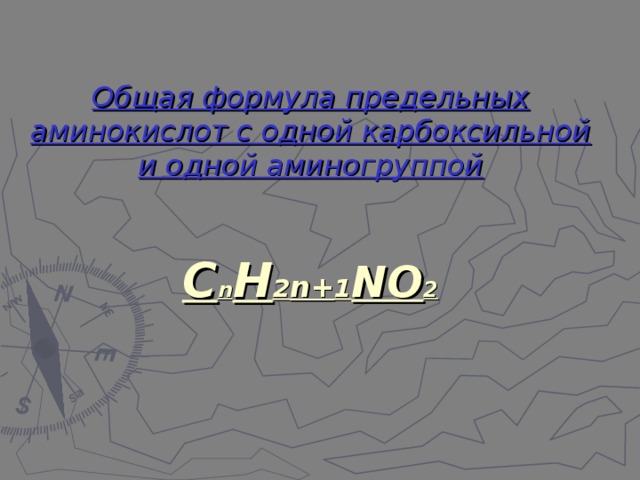 Общая формула предельных аминокислот с одной карбоксильной и одной аминогруппой    С n Н 2 n+ 1 NO 2  