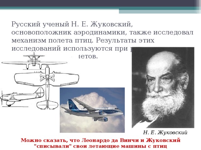 Русский ученый Н. Е. Жуковский, основоположник аэродинамики, также исследовал механизм полета птиц. Результаты этих исследований используются при расчетах конструкций самолетов. Н. Е. Жуковский Можно сказать, что Леонардо да Винчи и Жуковский 
