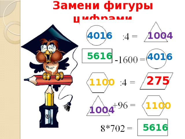 Замени фигуры цифрами  4016  1004  5616  4016  275  1100  1100  1004  5616 
