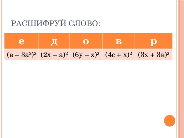 Расшифруй слово: е д (в – 3а²)² о (2х – а)² в (6у – х)² р (4с + х)² (3х + 3в)² 
