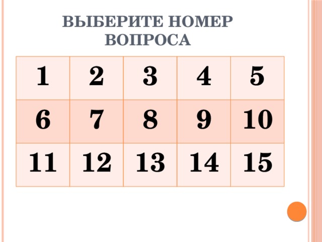 ВЫБЕРИТЕ НОМЕР ВОПРОСА 1 2 6 3 7 11 4 12 8 5 9 13 14 10 15 