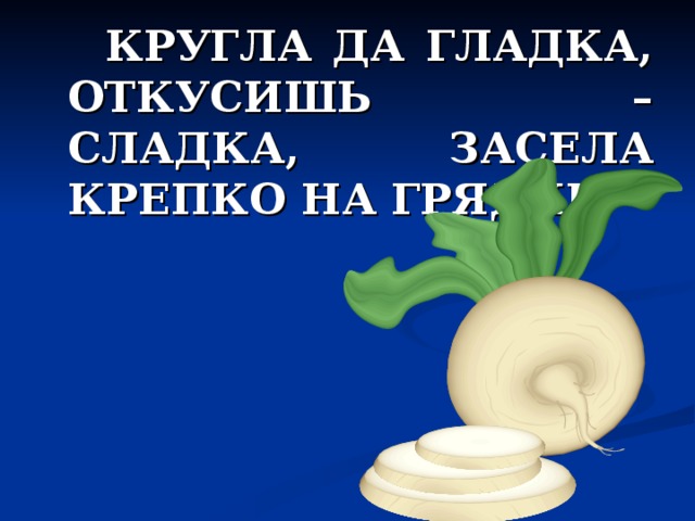  КРУГЛА ДА ГЛАДКА, ОТКУСИШЬ – СЛАДКА, ЗАСЕЛА КРЕПКО НА ГРЯДКЕ.   ОДГАДАЙ ОБЪЕКТ ПО ФОРМЕ И ВКУСУ 