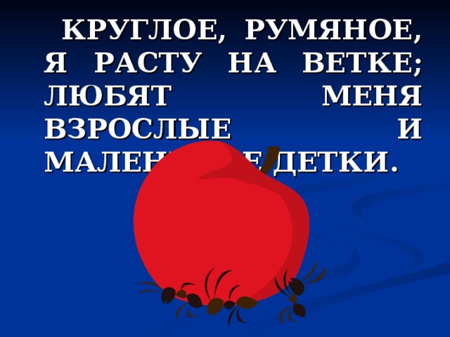 КРУГЛОЕ, РУМЯНОЕ, Я РАСТУ НА ВЕТКЕ; ЛЮБЯТ МЕНЯ ВЗРОСЛЫЕ И МАЛЕНЬКИЕ ДЕТКИ.  