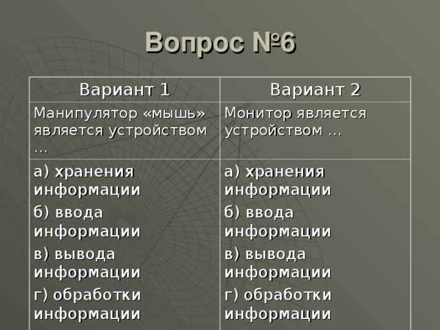 Вопрос №6 Вариант 1 Вариант 2 Манипулятор «мышь» является устройством … Монитор является устройством … а) хранения информации б) ввода информации в) вывода информации г) обработки информации а) хранения информации б) ввода информации в) вывода информации г) обработки информации 