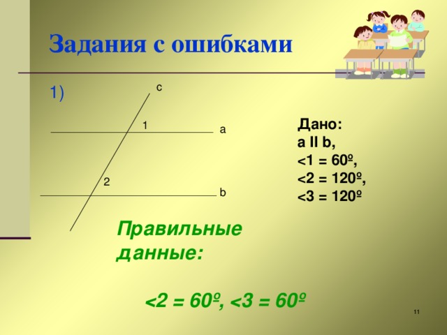 Задания с ошибками c 1) Дано: a II b ,  1 = 60 º ,  2 = 120 º ,  3 = 120 º 1 a 2 b Правильные данные:    2 = 60 º ,  3 = 60 º   