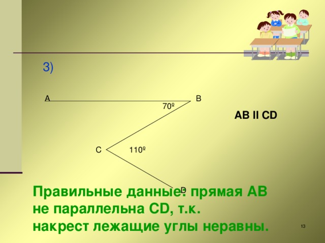  3) A B 70º AB II CD C 110º Правильные данные: прямая AB не параллельна CD , т.к. накрест лежащие углы неравны.  D  