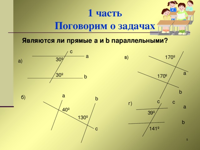 1 часть  Поговорим о задачах Являются ли прямые a и b параллельными?   c a в) 170 º 30 º а) a 30 º 170 º b b a б) b c c г) a 40 º 39 º 130 º b c 141 º  