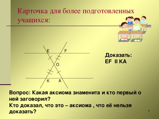 Карточка для более подготовленных учащихся: E F Доказать: EF II KA O A K Вопрос: Какая аксиома знаменита и кто первый о ней заговорил? Кто доказал, что это – аксиома , что её нельзя доказать?  