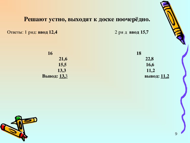      Решают устно, выходят к доске поочерёдно. Ответы: 1 ряд: ввод 12,4 2 ря д ввод 15,7  16 18  21,6 22,8  15,5 16,6  13,3 11,2  Вывод:  13, 3  вывод: 11,2 8 