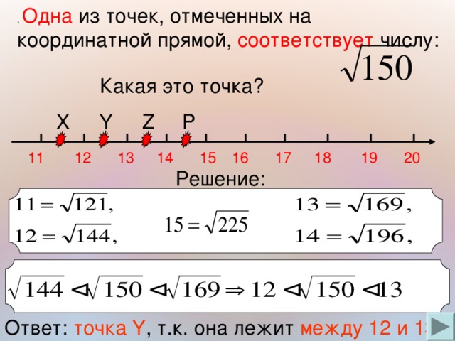 . Одна из точек, отмеченных на координатной прямой, соответствует числу :   Какая это точка? X P Z Y 14 15 12 20 19 18 17 16 13 11 Решение: Ответ: точка Y , т.к. она лежит между 12 и 13 