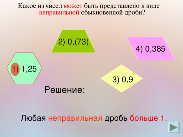 Какое из чисел может быть представлено в виде неправильной обыкновенной дроби?  2) 0,(73) 4) 0,385 1) 1,25  3) 0,9  Решение: Любая неправильная дробь больше 1.  