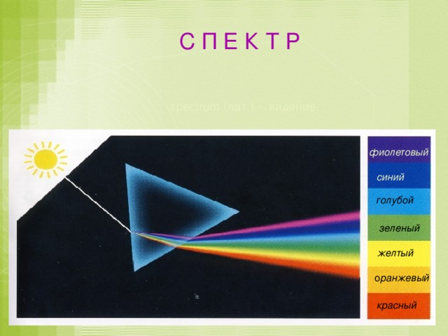 С П Е К Т Р   spectrum (лат.) - видение.  фиолетовый синий голубой зеленый желтый о ранжевый красный 