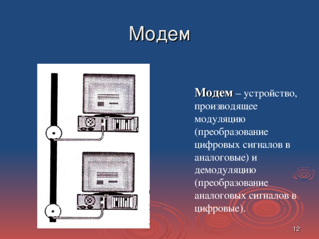 Модем Модем – устройство, производящее модуляцию (преобразование цифровых сигналов в аналоговые) и демодуляцию (преобразование аналоговых сигналов в цифровые).  